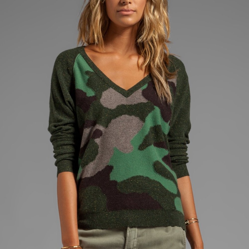 Autumn Cashmere 100% Cashmere V Neck Camo Sweater Womens Sz L